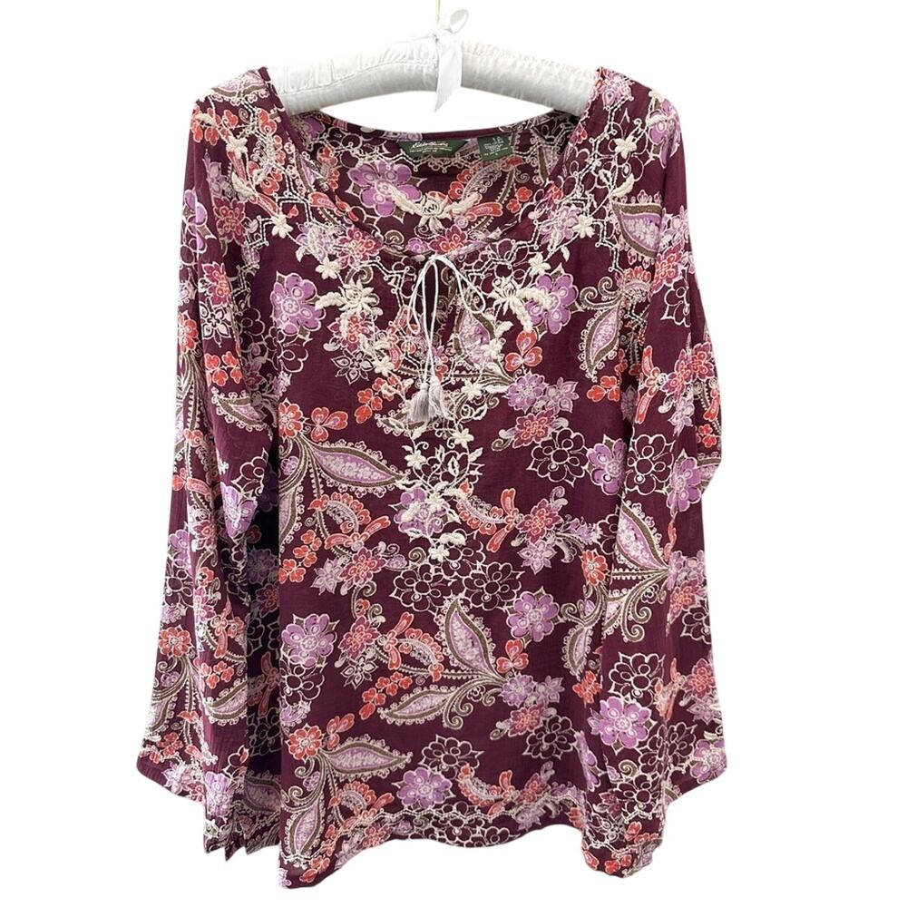 EDDIE BAUER Floral Paisley Boho Blouse Burgundy Embroidered Peasant Top Large